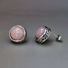 Brincos pequenos redondos e adoráveis de pedra rosa, joias com pedras antigas e de prata, brincos de metal esculpidos para trás 2024 - compre barato