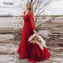 Verngo 2021 Vintage Red Wedding Dress Long Sleeves Sequin Beads A Line Bridal Gowns Plus Size Formal Celebrity Dresses 2024 - buy cheap