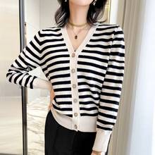 2021 Spring and Autumn New Cashmere Knit Cardigan Women Jacket Striped Korean Style Wild 100%Wool Large Size V-Neck Sweater Coat 2024 - buy cheap