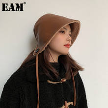 [EAM] Women Pu Leather Keep Warm Fishermen Hat New Round Dome Temperament Fashion Tide All-match Autumn Winter 2022 1DD2545 2024 - buy cheap