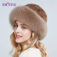 Chapéus de pele real enfeite para inverno para mulheres, bonés de pele de vison natural com chapéu de pele de raposa, novos baldes de malha russa 2024 - compre barato