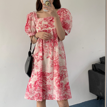 Vestido corto Vintage de verano para mujer, vestido rosa con cuello cuadrado, manga abombada, largo hasta la rodilla, novedad de 2021 2024 - compra barato