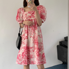 2021 New Women Summer Vintage Square Collar Pink Short Dress Puff Sleeve Knee Length Pullover Sundress 2024 - buy cheap