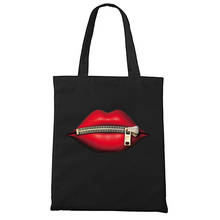 Bolso de lona con estampado de labios rojos y cremallera para mujer, bolsa de compras de gran capacidad, color negro 2024 - compra barato