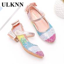 ULKNN Knot Blue Leather Shoes for Girls New 2021 Kid's Rainbow Sequins Princess Shoes Children Crystal High-heeled Single Shoes 2024 - buy cheap