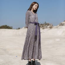 LZJN Spring Dresses 2020 Vintage Cotton Linen Women Floral Dress Elegant V Neck Boho A-Line Belt Maxi Dressess  Sarafan Elbise 2024 - buy cheap