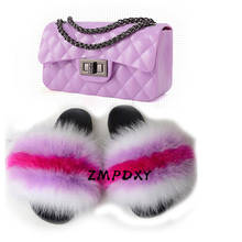 Women's Mini Crossbody Phone Purse Ladies Real Fox Fur Slippers Jelly Modern Shoulder Bag Shoes Sets Fluffy Slides Fur Sandals 2024 - buy cheap