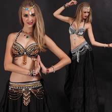 Conjunto de 3 piezas para mujer, traje de danza del vientre, ropa de actuación de escenario de India Morden (sujetador + cinturón de cintura + falda) 2024 - compra barato