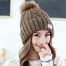Women Winter Thick Warm Knitted Beanies Pompon Hats Outdoor Riding Skiing Cap 2024 - buy cheap