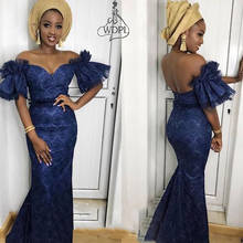 Aso Ebi Style Navy Blue Prom Dresses Off the Shoulder Mermaid Lace Evening Dress Custom Made Bridesmaid Gown vestidos Plus Size 2024 - buy cheap