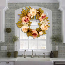 Corona de flores artificiales para puerta, corona de peonía de 40cm, redonda de primavera para puerta delantera, boda, decoración del hogar, novedad de 2021 2024 - compra barato