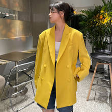 Korean Mid-length Bright Yellow Blazers Spring Autumn 2022 New Women Casual Loose Lapel Double-breasted Long Sleeve Suit Jacket 2024 - buy cheap
