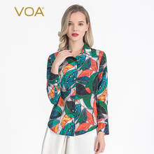 VOA 100% Silk Orange-Red Green Leaf Printed Hawaii Holiday Style High-Grade Front Short Long Back Fashionable Shirt Women BG21 2024 - buy cheap