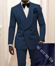 Groomsmen Navy Blue Pattern Groom Tuxedos Shawl Lapel Men Suits 2 Pieces Wedding Bridegroom ( Jacket+Pants +Bow Tie ) D231 2024 - buy cheap