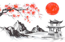 Японская традиционная живопись гобелен настенный Фудзи горы Сакура закат азиатские акварельные чернила 2024 - купить недорого