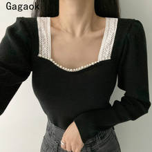 gagaok basic sweater women 2021 spring autumn new V-Neck Office Lady Solid Beading knitted sweaters slim korean chic pullovers 2024 - buy cheap