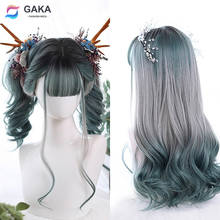 GAKA-pelucas onduladas largas sintéticas con flequillo Lolita, peluca verde degradada para mujeres blancas, cabello Natural púrpura americano y europeo, Cosplay 2024 - compra barato