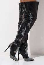 Зимние новые женские модные черные стразы просвечивающие Сапоги выше колена женские Алмазные остроносые сапоги до бедра на высоком каблуке танцевальная обувь 2024 - купить недорого