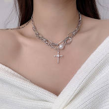 Lifefontier Punk Multilayer Cross Pendant Necklace For Women Men Gifts Pearl Silver Color Long Chain Necklace Couple Jewelry 2024 - buy cheap