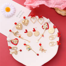 2021 Red New Style Earrings Korean Bow Long Love Tassel Earrings Bear Asymmetrical Ear Stud Women 2024 - buy cheap