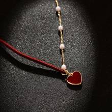 Pearl Clavicle Chain Necklace Short Small Red Heart Pendant Temperament Red Love Necklace Rope Necklace Women Wedding Jewelry 2024 - buy cheap