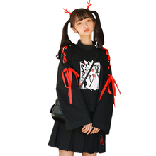 Spring Japanese Cartoon Fox Girl Print Hoodie Harajuku Women Gothic Ribbon Lace Up Flare Sleeve Kawaii Thin Pullover Sweatshirt 2024 - buy cheap
