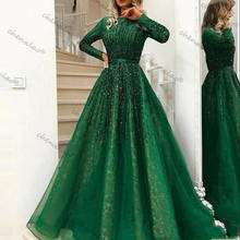 Verde muçulmano vestidos de noite a linha mangas compridas tule renda frisado islâmico dubai arábia saudita longo formal festa vestido 2024 - compre barato