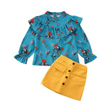 Toddler Kids Baby Girls Clothing Sets Ruffle Tops long sleeve Floral vintage Shirt button pocket Mini Skirt Baby Outfits Set 2024 - buy cheap