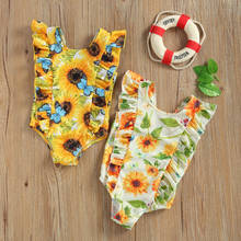 Kids One-Piece Swimsuits Summer 2021, Sunflower Print Round Neck Sleeveless Backless Ruffle Swimwear for Girls 2024 - buy cheap