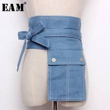 [EAM] 2022 New Summer Fashion Tide Light Blue Denim Patchwork Pockets Bow Adjustable Waist Woman All-match Belt S828 2024 - buy cheap