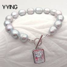 Y · YING-pulsera de perlas de arroz, color gris agua dulce natural, rectangular, Circonia cúbica, pavé, color plateado, cierre de palanca clásico 2024 - compra barato