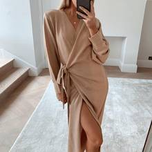 Women Knitted Wrap Dress Autumn Winter Solid Color Long Sleeve Belt Dress 2021 Sexy Elegant Maxi Robe Ladies Clothes vestidos 2024 - buy cheap