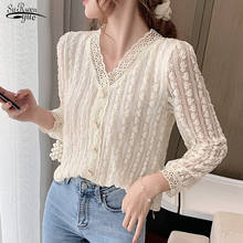 Korean Style V-neck Lace Hollow Stitching Women Top Sweet Long Sleeve Lace Blouse Autumn Chic Button Clothing Blusas Mujer 12567 2024 - buy cheap