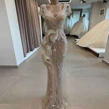 2020 Capped Sleeves Champagne Prom Dresses Mermaid See Through Evening Dress robe de soiree Formal Gown Zipper vestido de festa 2024 - buy cheap