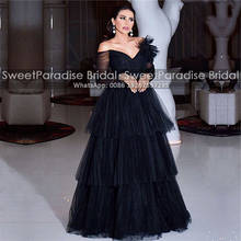 Chic Black Tulle Evening Dresses With Long Sleeves Off Shoulder Tiered A Line Women Formal Party Dress Robe De Soiree 2024 - buy cheap