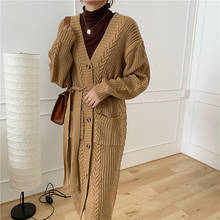 Suéter comprido feminino com gola v, casaco de malha cardigan sobretudo cinto manga longa 2024 - compre barato