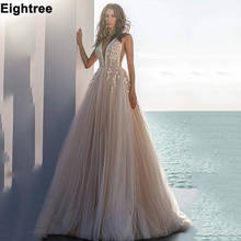 Eightree v neck glitter vestidos de casamento 2021 champagne floral laço vestido de noiva sem costas vestido de noiva boêmio 2024 - compre barato