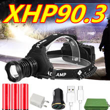 Lanterna de cabeça com luz led recarregável xhp90,3, farol de cabeça à prova d'água com zoom de lm, lâmpada de pesca com usb, xhp90 2024 - compre barato