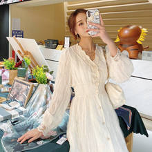 Sannian vestido de renda feminino, vestido francês de primavera com manga comprida, vestido branco com cintura alta estilo coreano, roupas de festa virtual 2024 - compre barato