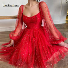 Bbonlinedress Tulle Long Sleeve Red Short Prom Dress 2021 Square Neckline Knee Length Party Dress vestido de festa curto 2024 - buy cheap