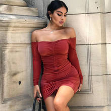 Women Elegant Bandage Dresses Ruched Drawstring Fold V Neck Dress Solid Mini Long Sleeve Party Dresses Clubwear 2024 - buy cheap