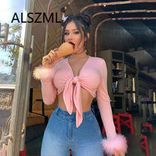 Pink Deep V Neck Long Sleeve Crop Top Sexy Tight Club Party Lady Fashion Sheath T Shirt Young Party T Shirt 2024 - buy cheap