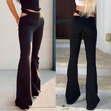 35# Woman Pants Solid Color Black Hollow Leggings Women Elastic High-Waisted Slim Flare Pants Sexy Trousers Leggins Mujer 2024 - buy cheap