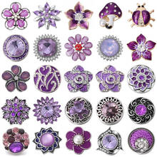 Botões de encaixe roxo com flores e strass, 6 fábricas com botões de encaixe 18mm, pulseiras com fecho, joias faça você mesmo 2024 - compre barato