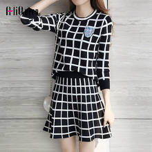 2 Piece Set Women Plaid Long Sleeve Casual Sweater Skirt Suits Black Knitted Pullover Sweater + Mini Skirt Sets Autumn 2022 2024 - buy cheap