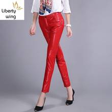 Office Lady Natural Trousers High Waist Slim Fit Leather Pencil Women Plus Size Elegant Red Sheepskin Long Pants 2024 - buy cheap