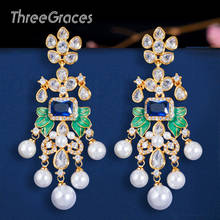 ThreeGraces Pearl Flower Leaf Royal Blue Cubic Zirconia Long Dangle Earrings for Women African Dubai Gold Bridal Jewelry ER375 2024 - buy cheap