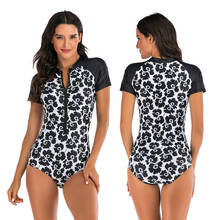 Womens Zip Front Printed Short Sleeve One Piece Swimsuit Swimwear Floral Rash Guard Surf Triangle Bodysuit Beachwear 2024 - buy cheap