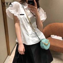 Preppy Style Sweet White Shirt Female Ruffle Short Sleeve Blouse Fashion Loose Fit Cotton Tops Casual Women Lapel Solid Shirts 2024 - buy cheap