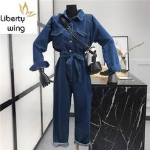 Autumn Long Sleeve Denim Women Fashion College Loose High Waist Straight Jean Overalls Single Breasted Female Jumpsuit 2024 - buy cheap